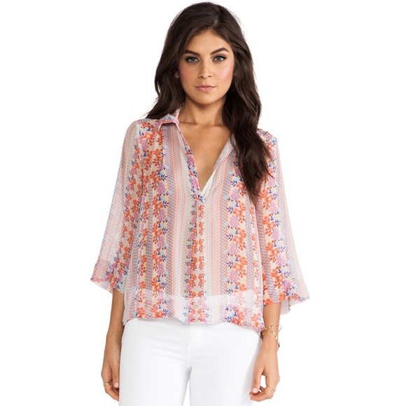 Ella Moss‎ Meadow Blouse 100% Silk Sheer Floral Pink - Size XS - Picture 1 of 8